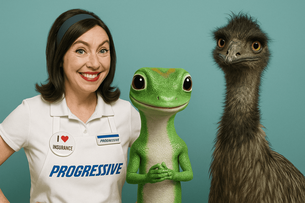 A woman in a Progressive shirt smiles alongside a cartoon gecko and an emu, posing against a turquoise background.