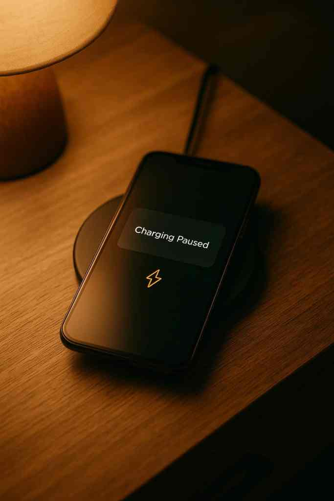 A smartphone displaying 'Charging Paused' on a wireless charging pad, placed on a wooden surface next to a lamp.