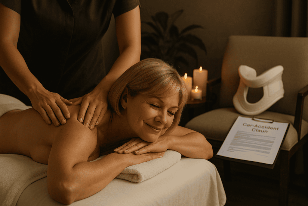 A woman enjoying a massage in a calming spa setting, with a massage therapist's hands on her back. In the background, there's a document titled 'Car Accident Claim' and a neck brace on a chair, suggesting a connection to a car accident.