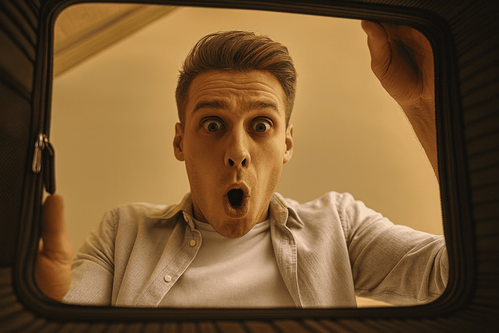 Surprised man looking into an open suitcase with a shocked expression.
