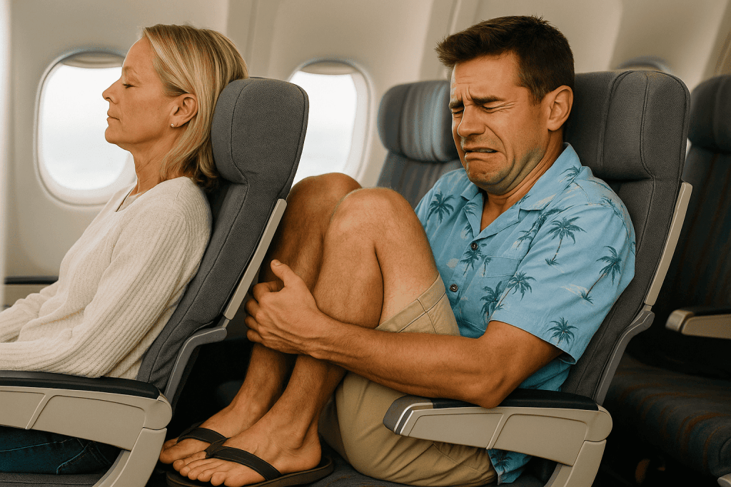 A man with a distressed expression is seated in an airplane next to a woman with a calm demeanor. The man is dressed in a Hawaiian shirt and is holding his knees, while the woman appears to be leaning back in her seat, seemingly unaware of his discomfort.