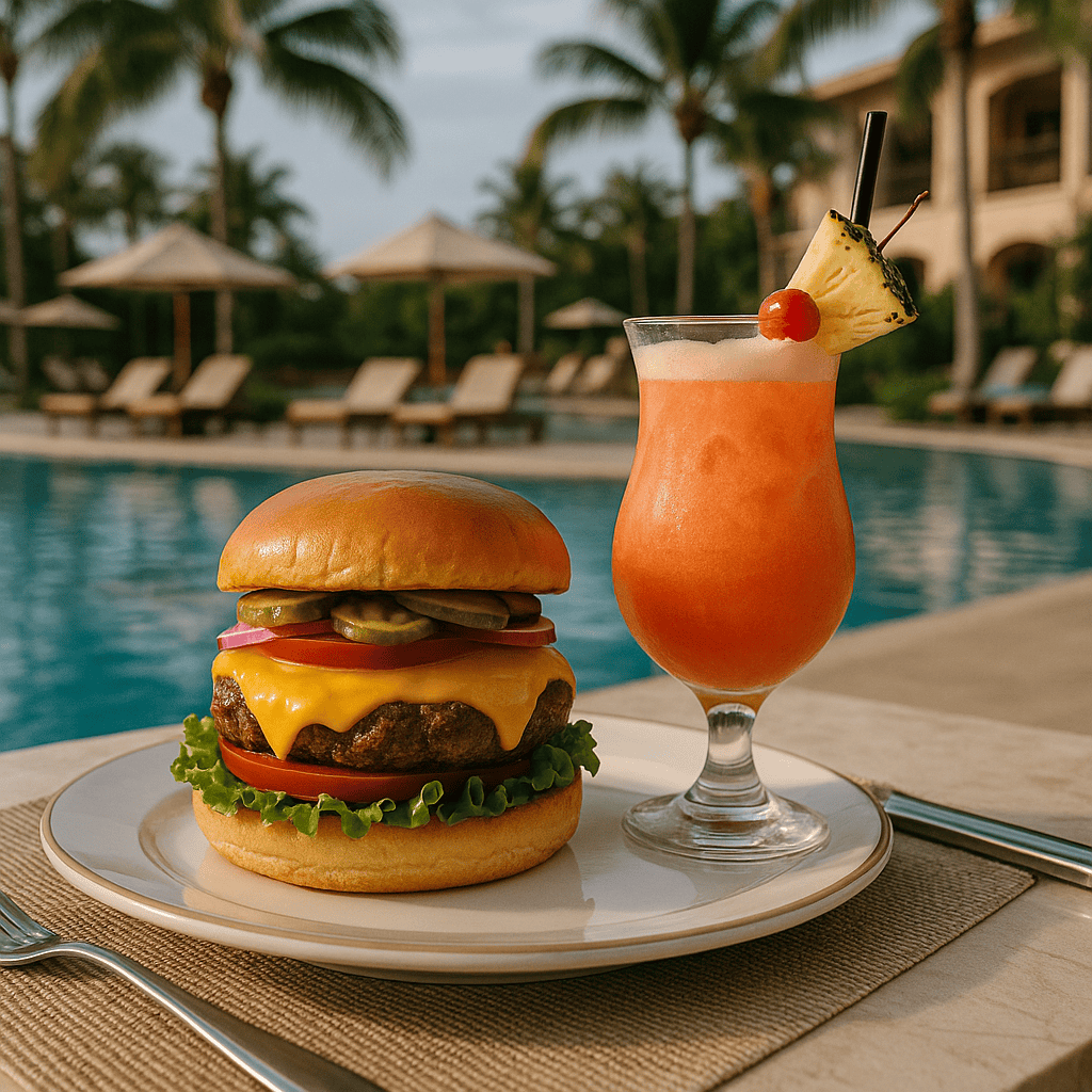 A delicious cheeseburger with lettuce, tomato, cheese, and pickles on a plate next to a colorful tropical cocktail, all set by a swimming pool surrounded by palm trees.