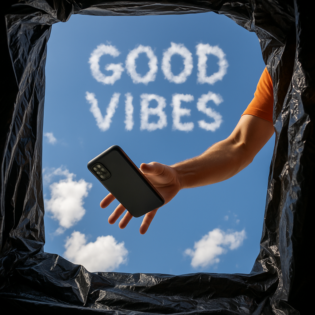 A hand reaching out from a black bag holding a smartphone against a blue sky with clouds spelling 'GOOD VIBES'.