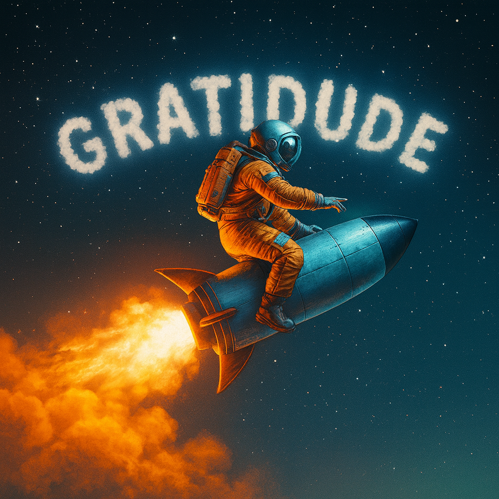 An astronaut in a space suit rides a rocket, surrounded by clouds that spell 'GRATITUDE' against a starry night sky, symbolizing celebration and positivity.