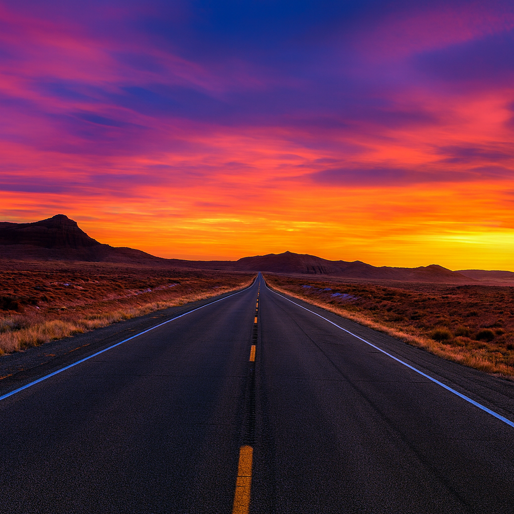 A long, empty road stretching into the horizon with a vibrant sunset sky featuring shades of orange, pink, and blue.