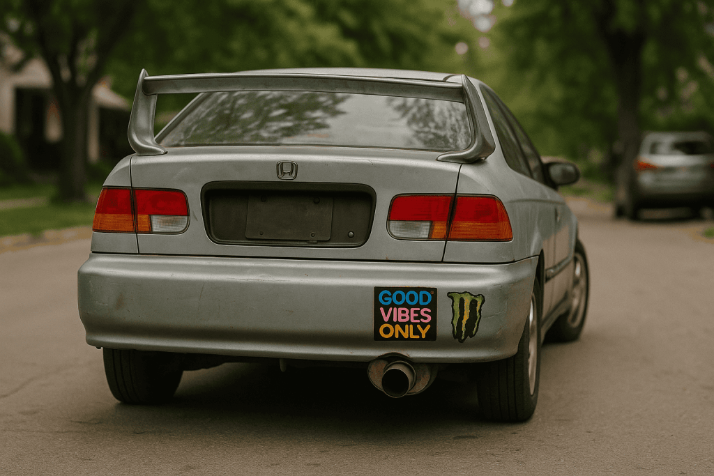 A silver Honda car parked on a residential street, displaying a 'GOOD VIBES ONLY' sticker along with a Monster Energy logo on its rear bumper.