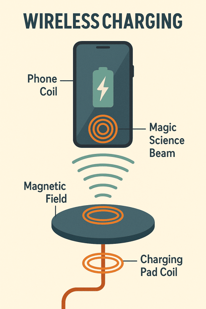Infographic explaining wireless charging, featuring labeled components such as phone coil, magnetic field, and charging pad coil.