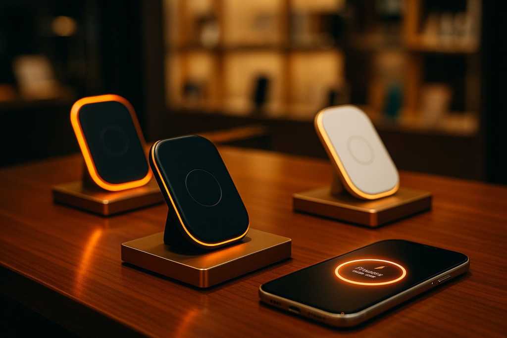 A collection of three wireless chargers on a wooden table, with a smartphone displaying charging status in the foreground.