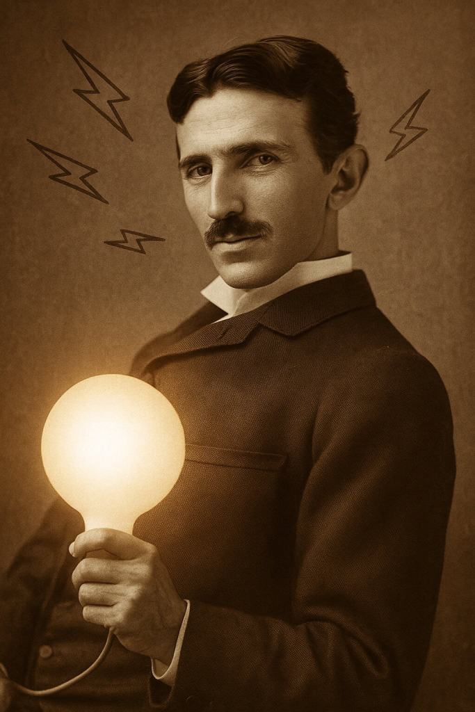 Black and white image of a man holding a glowing light bulb, resembling an inventor or scientist.