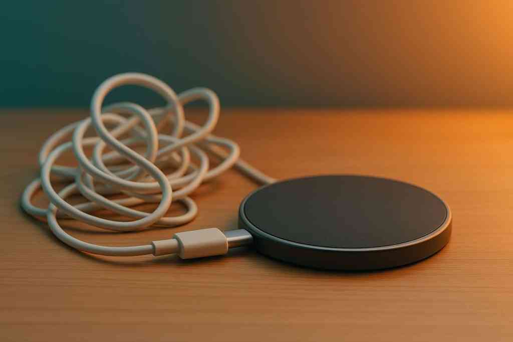 Wireless charger with a tangled cable, placed on a wooden surface.