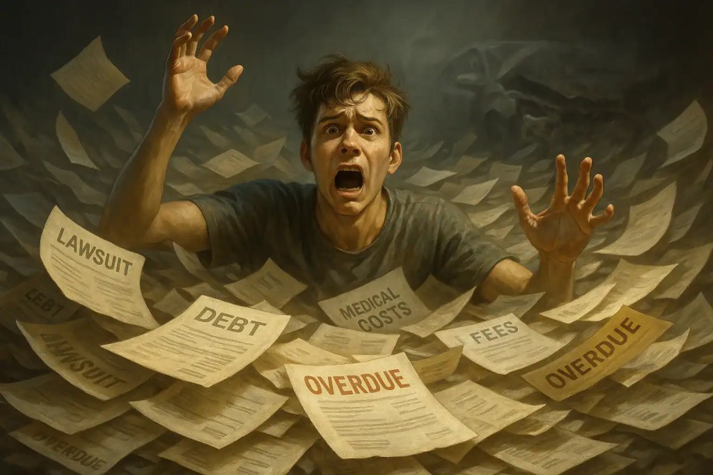 A distressed man surrounded by flying papers labeled with financial terms such as 'Lawsuit', 'Debt', 'Medical Costs', 'Fees', and 'Overdue'.