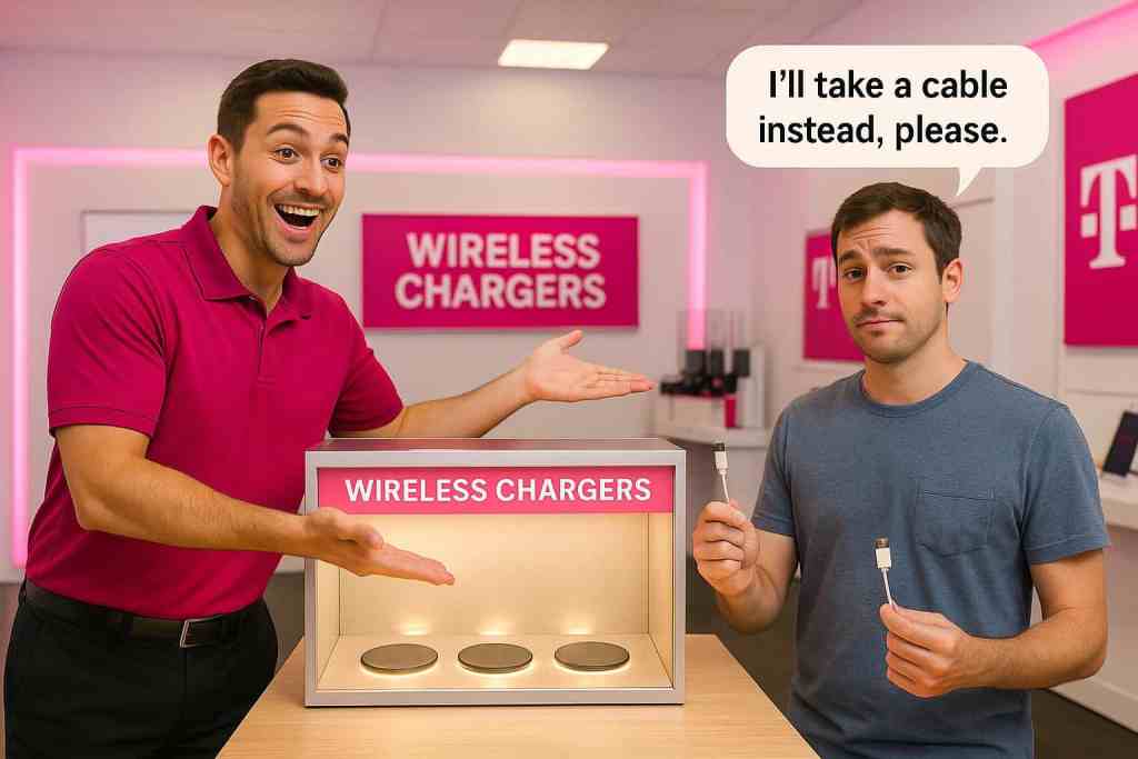 A smiling sales representative in a pink shirt enthusiastically presents a display labeled 'WIRELESS CHARGERS,' while a skeptical customer in a gray shirt holds a charging cable and expresses a preference for it.