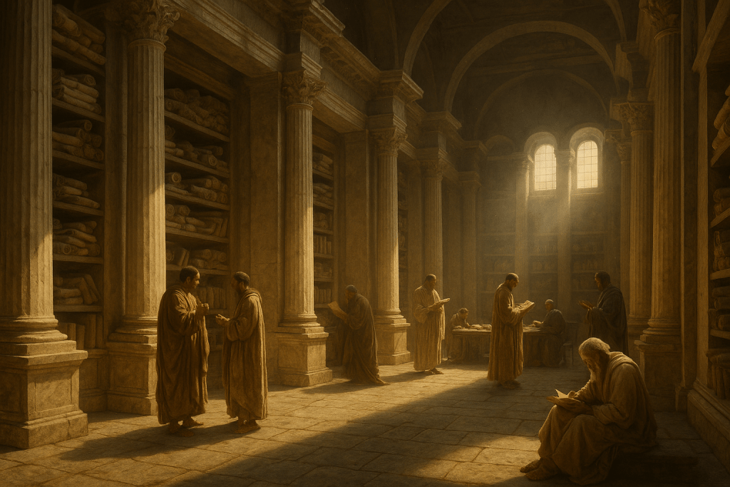 An ancient library setting with scholars in flowing robes engaging in study, reading scrolls, and discussing amongst themselves, surrounded by tall shelves filled with scrolls and books. Soft rays of light filter through arched windows, illuminating the scene.