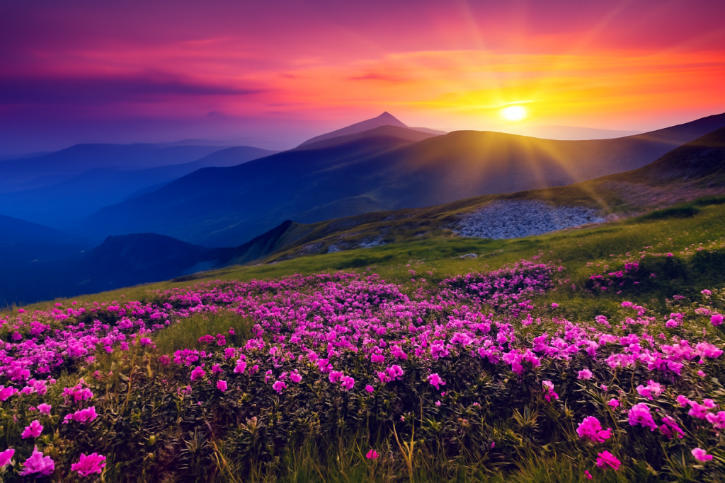 A vibrant sunset over a mountain landscape filled with blooming pink flowers, casting warm hues across the sky.