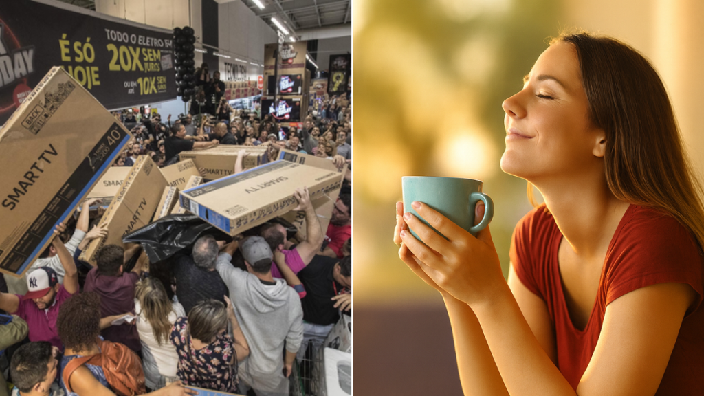A crowded scene in a store during a promotional event, with people reaching for boxes containing smart TVs.