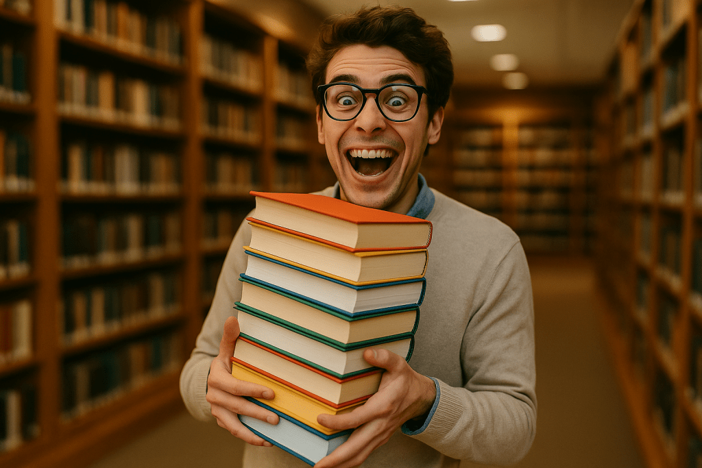 A smiling young man wearing glasses is holding a stack of colorful books in a library, with wooden bookshelves filled with books in the background.