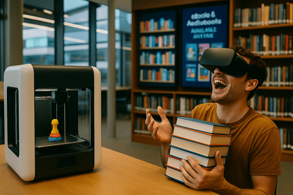 A person wearing a virtual reality headset joyfully interacts with a 3D printer producing a colorful game piece, surrounded by stacks of books in a modern library setting.
