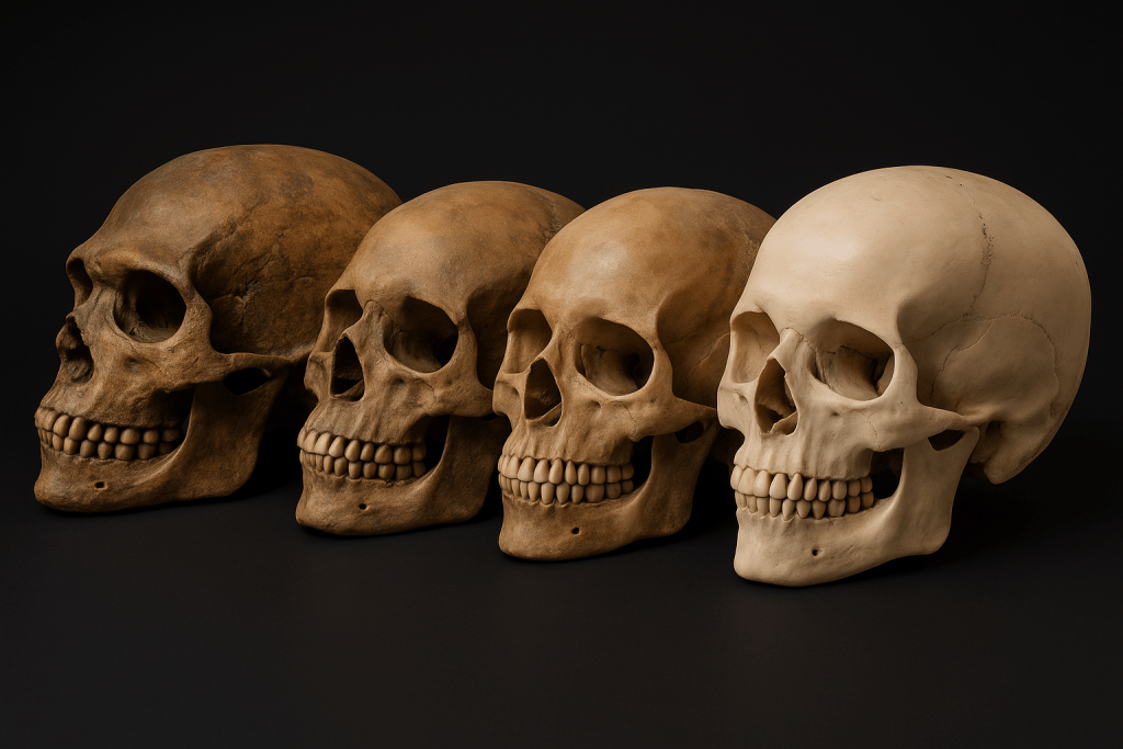 Four human skulls of varying colors and textures displayed in a line against a black background, showcasing the evolution of skulls over time.