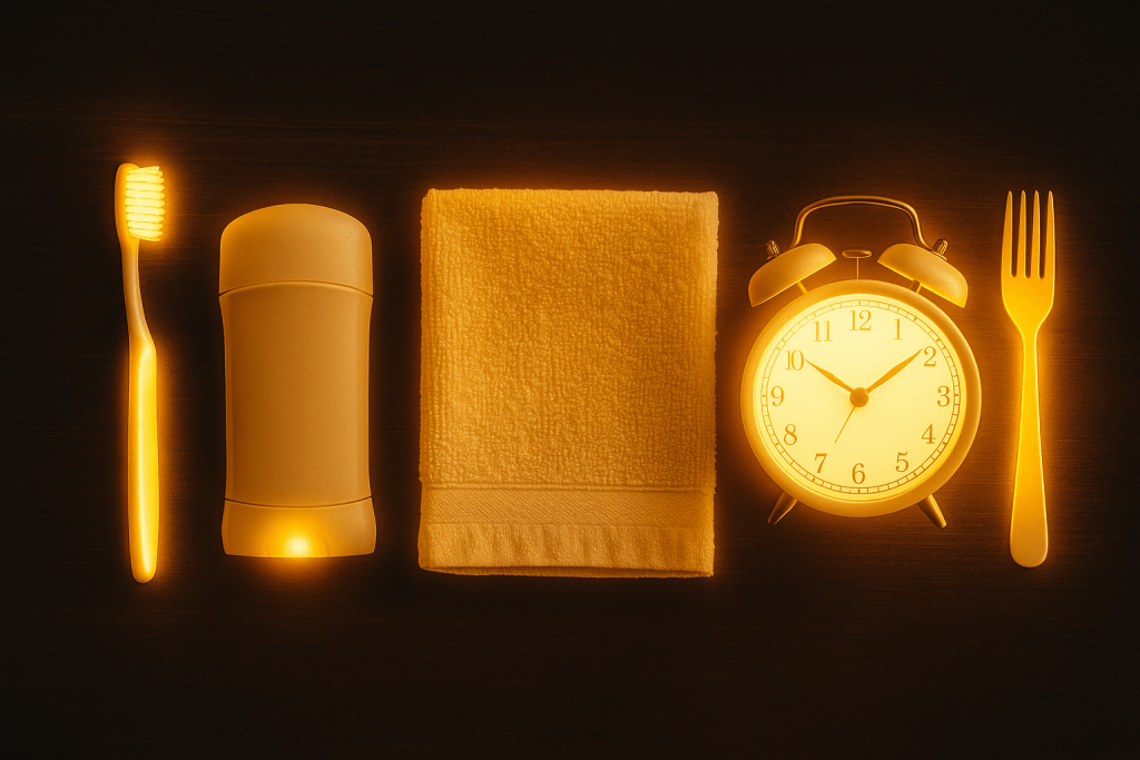 A flat lay of everyday morning items: a toothbrush, deodorant, towel, alarm clock, and fork, all displayed in a warm, glowing yellow light.