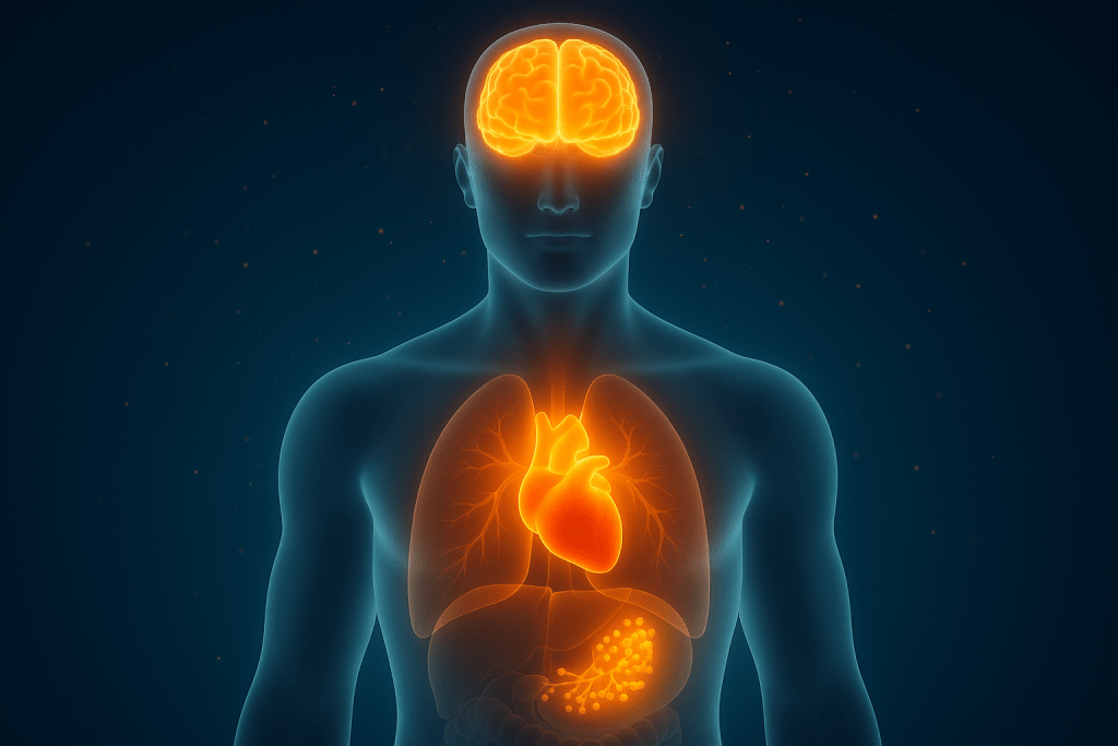 An illustration of a human body showing glowing brain, heart, lungs, and other organs, depicting the interconnectedness of physical and mental well-being.